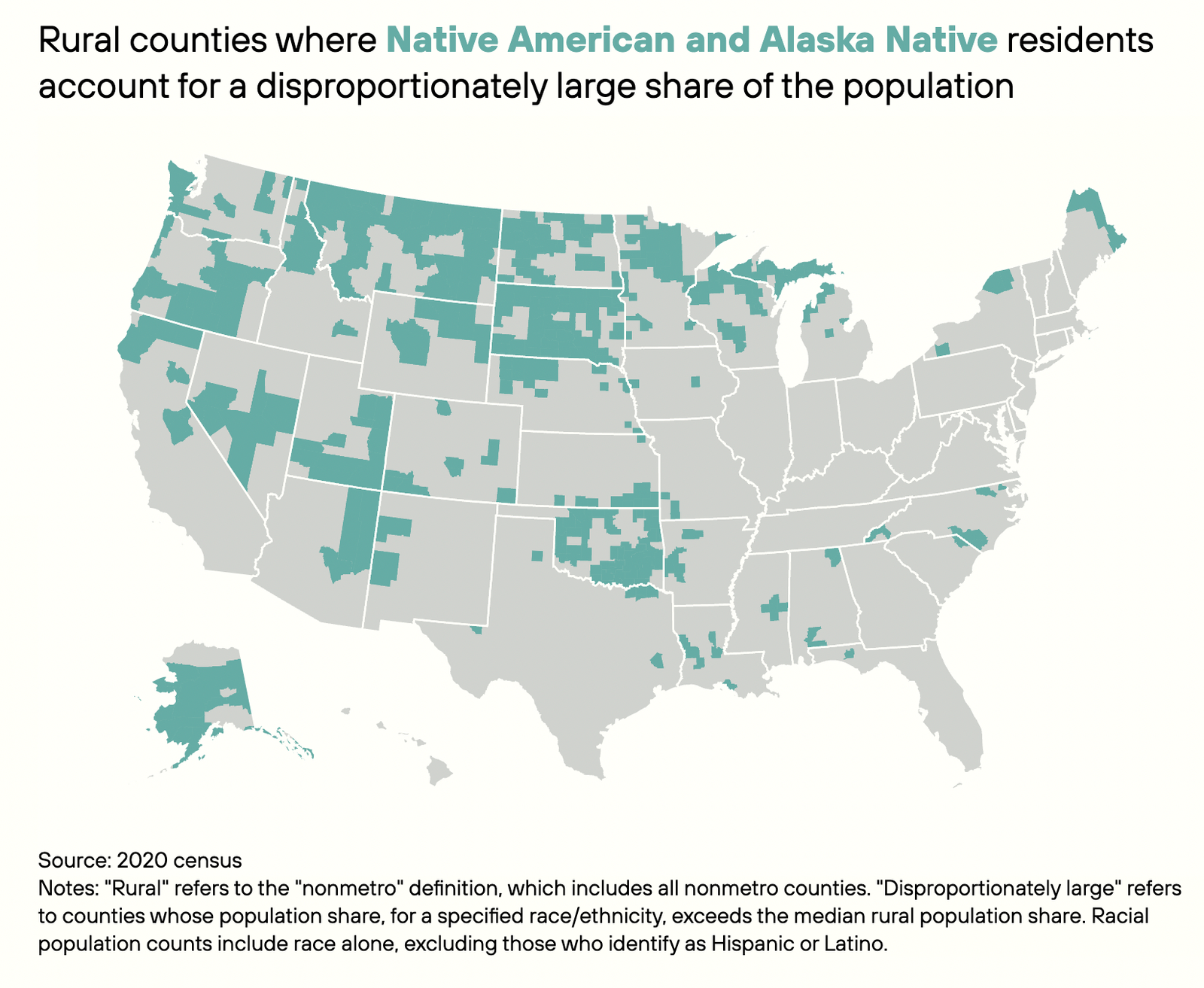Map of rural counties where Native American and Alaska Native residents account for a disproportionately large share of the population