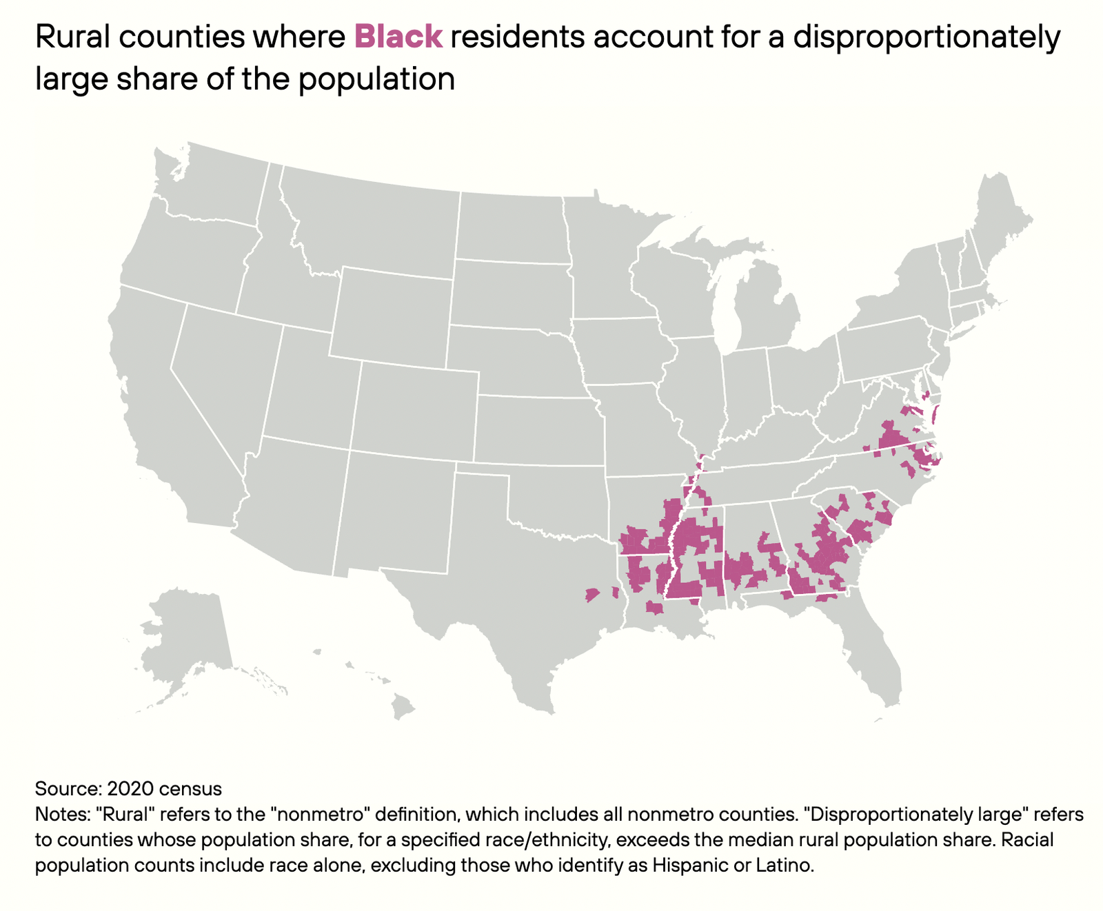 Map of rural counties where Black residents account for a disproportionately large share of the population